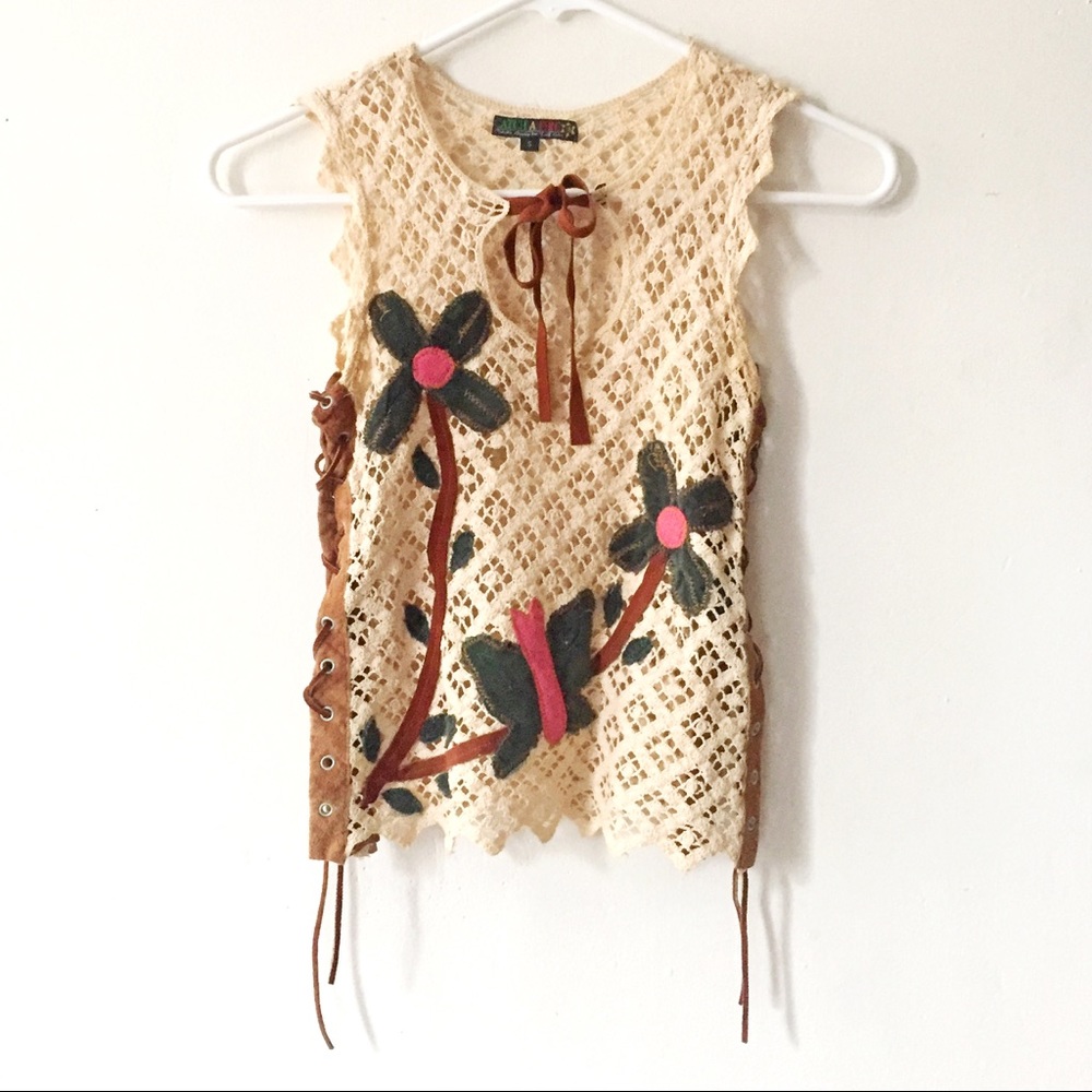 Vintage crochet tank crop corset top 1990s 1970s 2